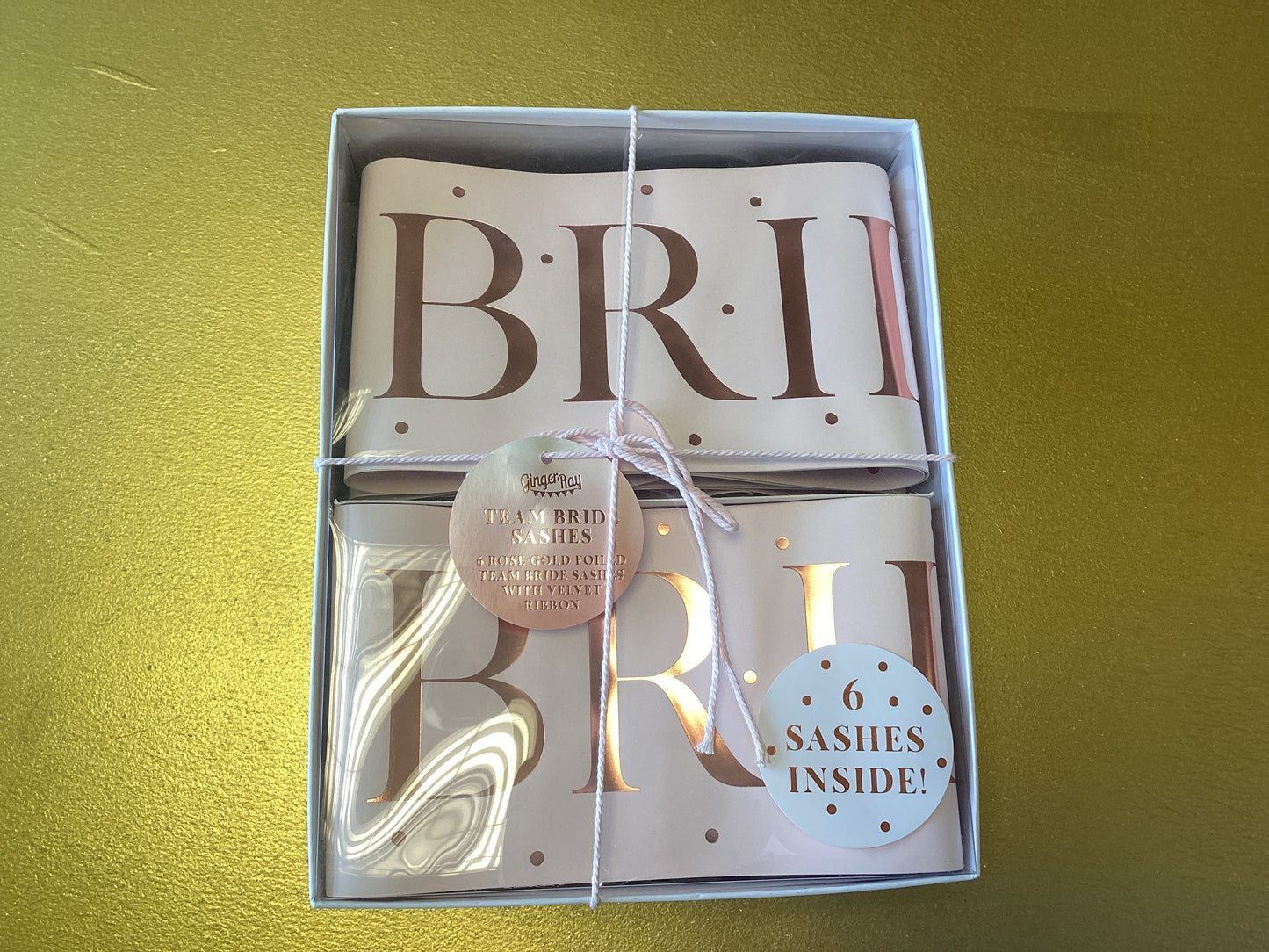 6 Rose Gold foiled Team Bride Sashes With velvet ribbon