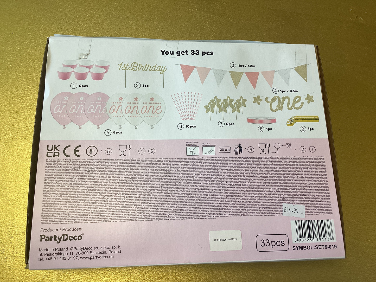 Box of decorations 1st birthday pink