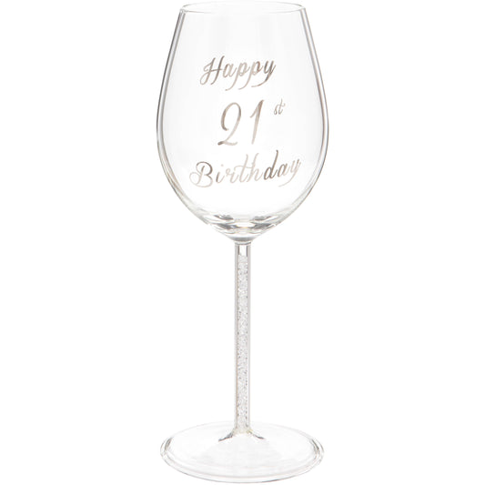 21st Birthday Wine Glass with Silver Diamond Stem - 400ml