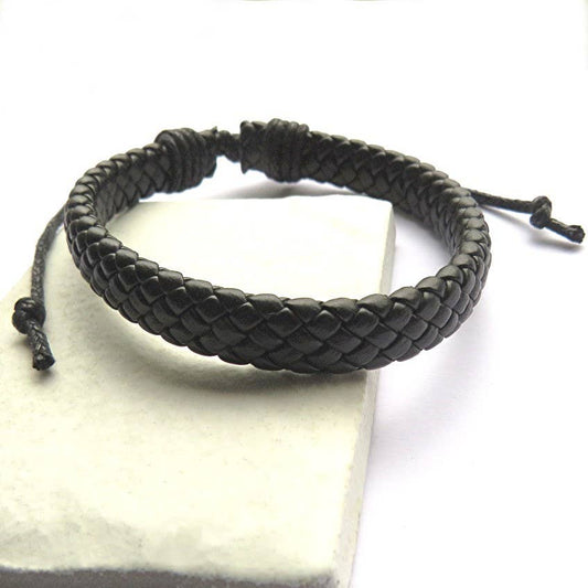 Men's Black Leather Weave Bracelet