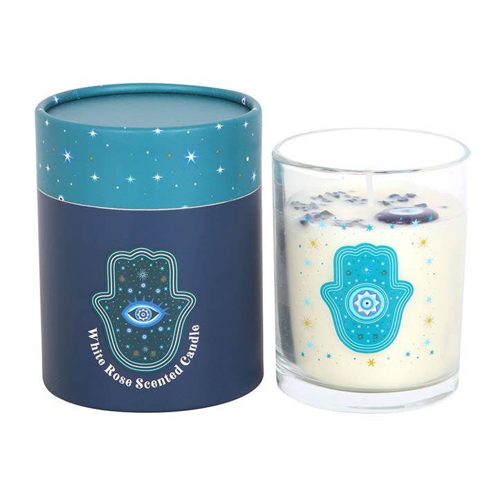Hand of Hamsa Candle White Rose with Crystals