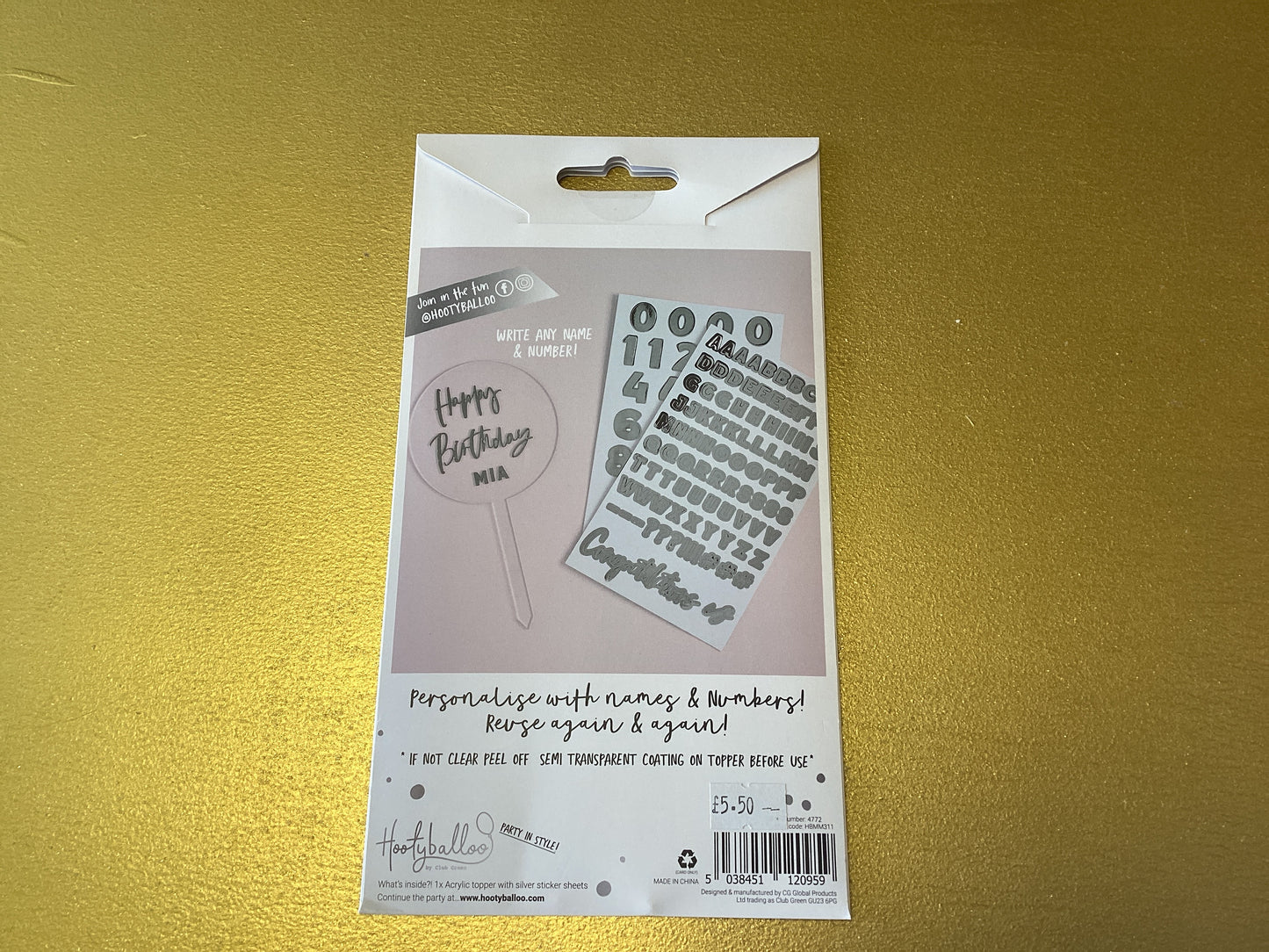 Personalised acrylic cake topper