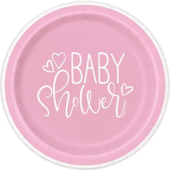 9” pink hearts baby shower paper plate