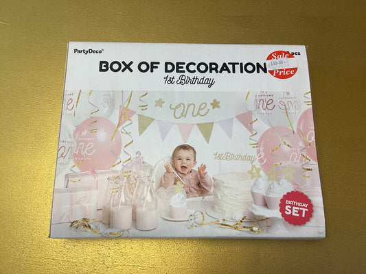 Box of decorations 1st birthday pink