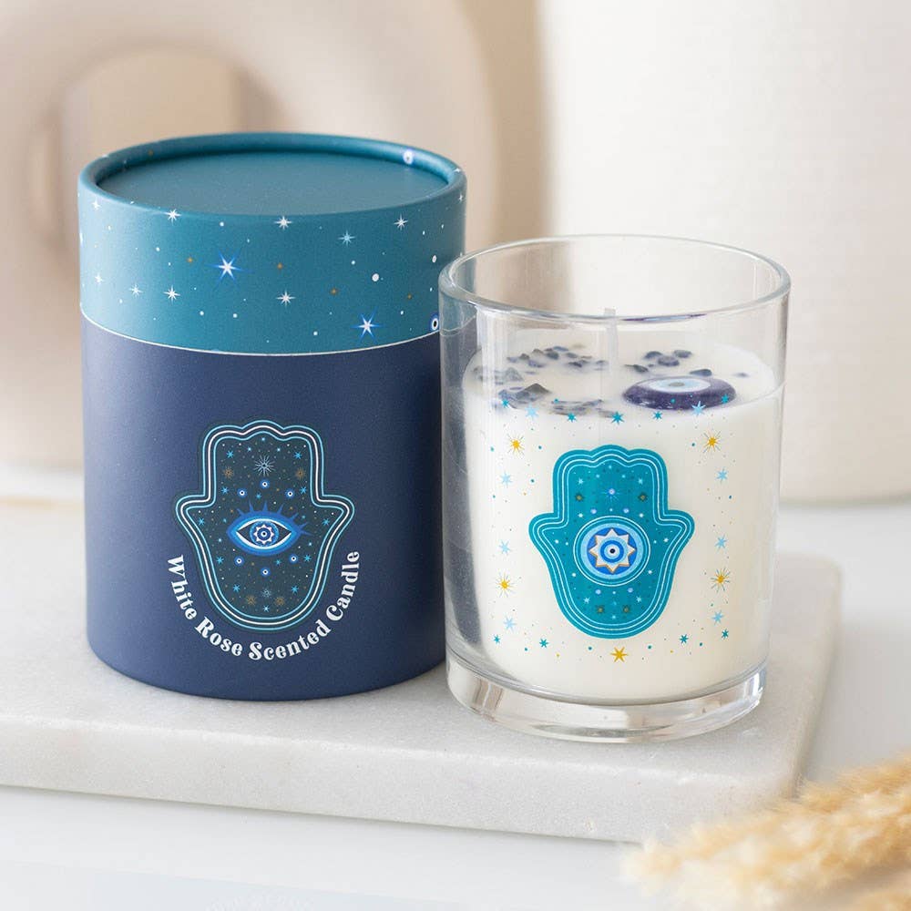 Hand of Hamsa Candle White Rose with Crystals