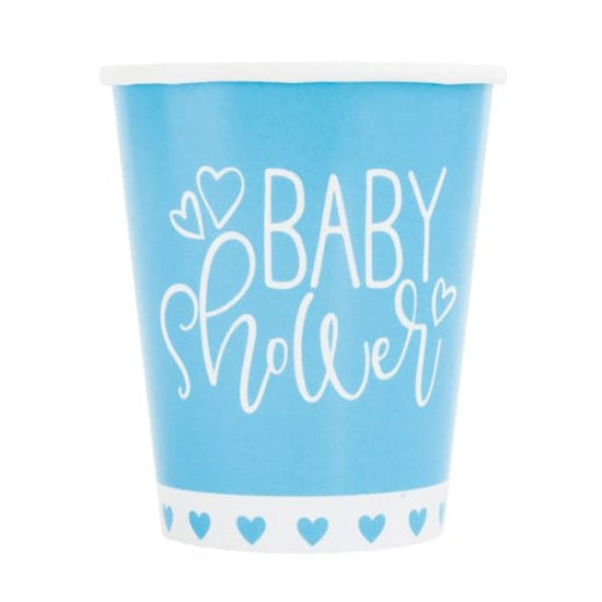 Blue hearts baby shower paper cups