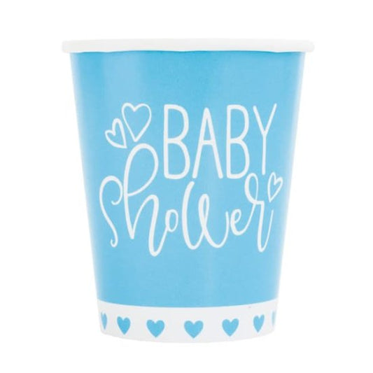 Blue hearts baby shower paper cups