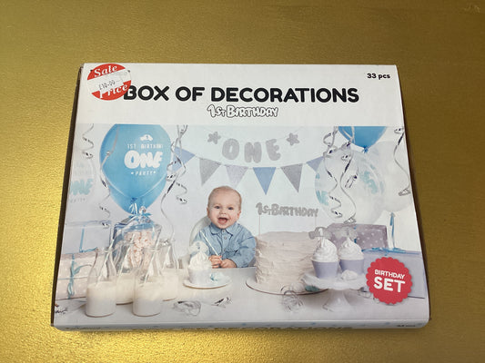 Box of decorations 1st birthday blue