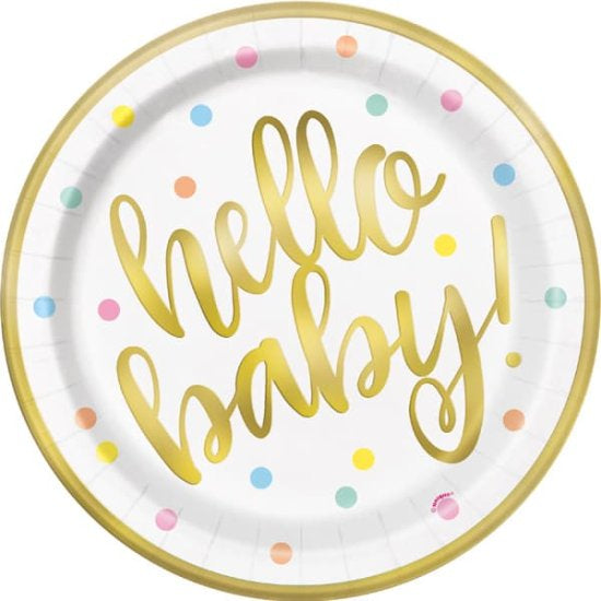 9” hello baby gold foil paper plates