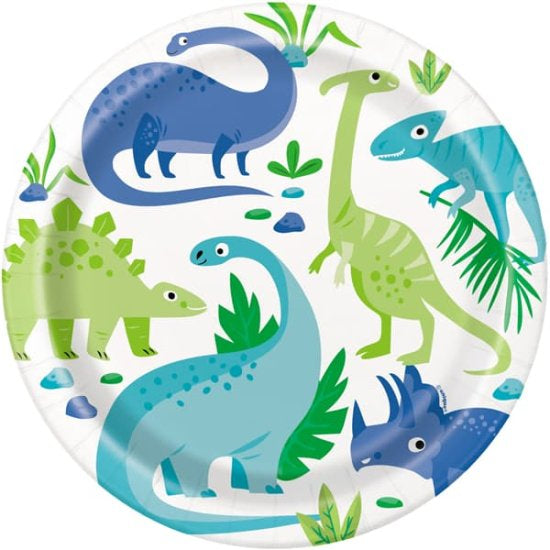 9” blue & green dinosaur paper plates