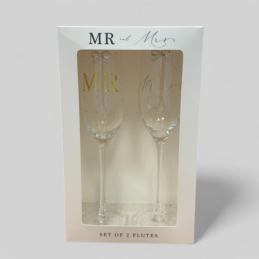 Boxed Set of 2 Gold and Diamante Mr and Mrs Champagne Flutes