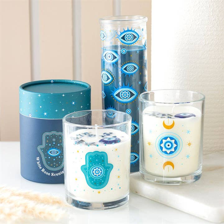 Tube Candle All Seeing Eye Print White Rose