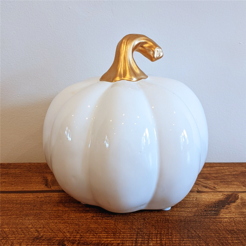AM60044 - Large Ceramic Pumpkin With Gold Stalk 14cm - White